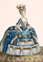 Vestido de corte elaborado para dama, decorado con guirnaldas y encajes, grabado por Voysard, placa no.46 de 